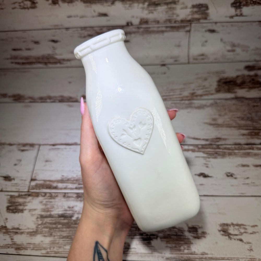 Vintage White Milk Glass Heart Embossed Milk Bottle Vase Farmhouse Decor 7"